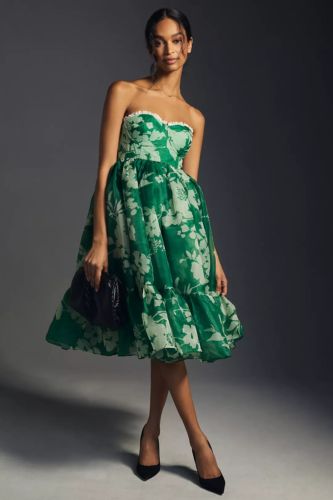 ANTHROPOLOGIE Selkie Corset Dress Floral Puff Hem Mini Green Holiday Size XS NWT | eBay US