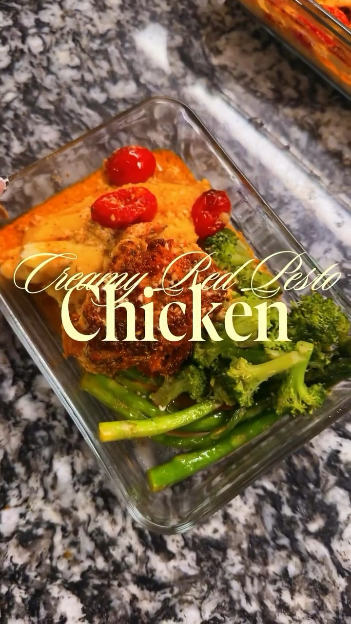 ✨ Creamy Baked Marry Me Chicken — My Version 😍 ✨
This one’s a cozy, creamy, flavor-packed dinner that never misses! I used my own twists to make it extra dreamy perfect with mashed potatoes, broccoli, and grilled asparagus 💕

520 kcal, Protein~52 g, Carbs~24 g

🍗 Ingredients (Serves 6–8)
• 6 large chicken breasts (sliced in half — I used a full long row from Walmart)
• 2–3 handfuls cherry tomatoes 🍅
• 3 chicken bouillon cubes (dissolved in ~1 cup hot water)
• 1 cup heavy cream 🥛
• 3–4 tbsp red pesto
• ¼ cup grated Parmesan (optional for that crispy top!)
• 1 tsp each: paprika, Italian seasoning, dill weed, onion powder, garlic powder, oil seasoning
• 1–2 tsp Himalayan salt 🧂
• 1 tsp black pepper
• 2 tbsp olive oil

⸻

🥔 Creamy Mashed Potatoes
• 6–8 potatoes, peeled & cubed
• 4 tbsp cream cheese
• ½ cup heavy whipping cream
• 2 tsp garlic (minced or powder)
• 1–2 tsp parsley flakes 🌿
• Salt, pepper & butter to taste

⸻

🥦 Sides
• Steamed broccoli
• Grilled asparagus — cooked with olive oil, sherry, salt & pepper

⸻

👩‍🍳 Directions:
1️⃣ Preheat oven to 420°F (215°C).
2️⃣ Arrange halved chicken breasts in a greased baking dish with cherry tomatoes.
3️⃣ Season with all your spices + a drizzle of olive oil.
4️⃣ Mix chicken bouillon, heavy cream & red pesto — pour over the chicken.
5️⃣ (Optional) Sprinkle Parmesan on top.
6️⃣ Bake uncovered for 40 minutes, until golden, bubbly, and fully cooked.
7️⃣ While it bakes, whip up your mashed potatoes and veggies!

Serve it all together — that creamy sauce over the mash with broccoli & asparagus on the side? Chef’s kiss 🤌🔥

⸻

💫 My little twists:
💗 Used heavy cream instead of soft cheese
💗 Added cream cheese + whipping cream to my mash
💗 Grilled asparagus with sherry for a pop of flavor

⸻

Tag someone you’d make this for 💍🍴

#MarryMeChicken #DinnerInspo #ComfortFood #HomemadeGoodness #FoodieVibes #easydinnerrecipe