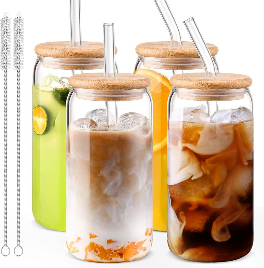 Glass Cups with Bamboo Lids and Straws 4pcs Set-18oz,Cute Glass Iced Coffee Cups for Coffee Bar A... | Amazon (US)