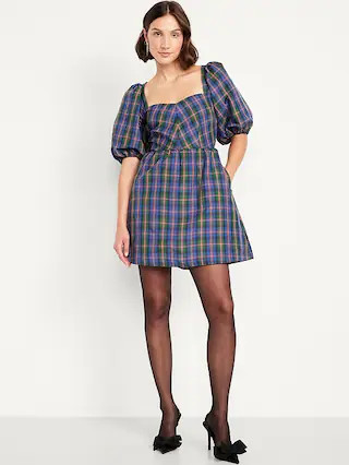 Puff-Sleeve Plaid Fit & Flare Taffeta Mini Dress | Old Navy (CA)