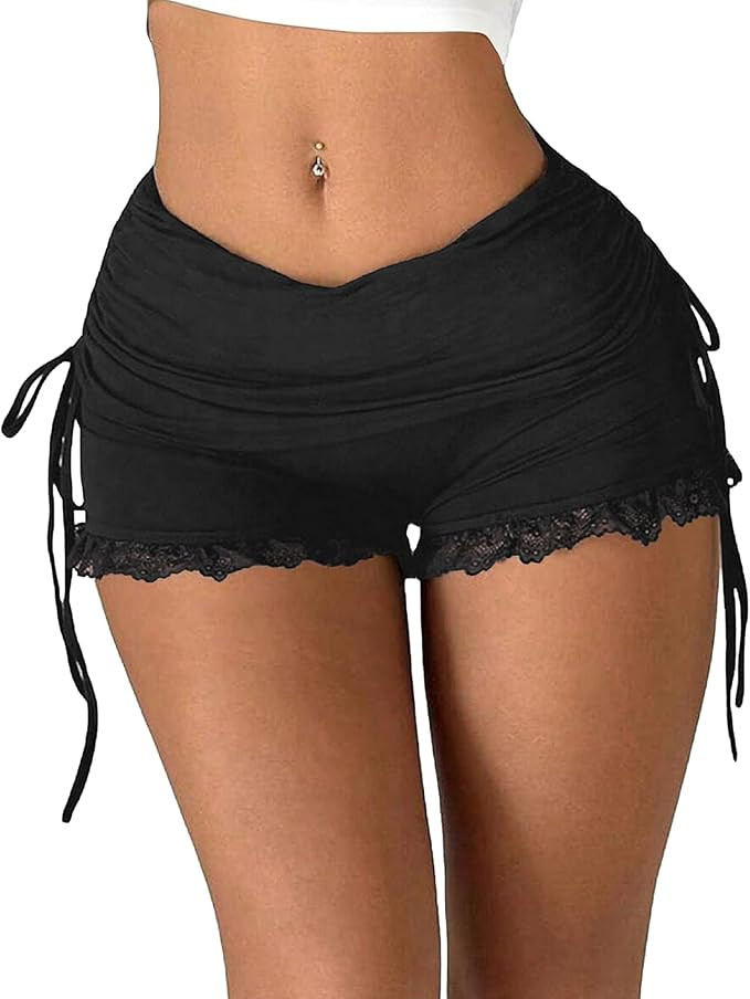 Women’s Lace Trim Side Drawstring Ruched Micro Shorts Y2K Low Rise Stretchy Cute Summer Ruffle ... | Amazon (US)