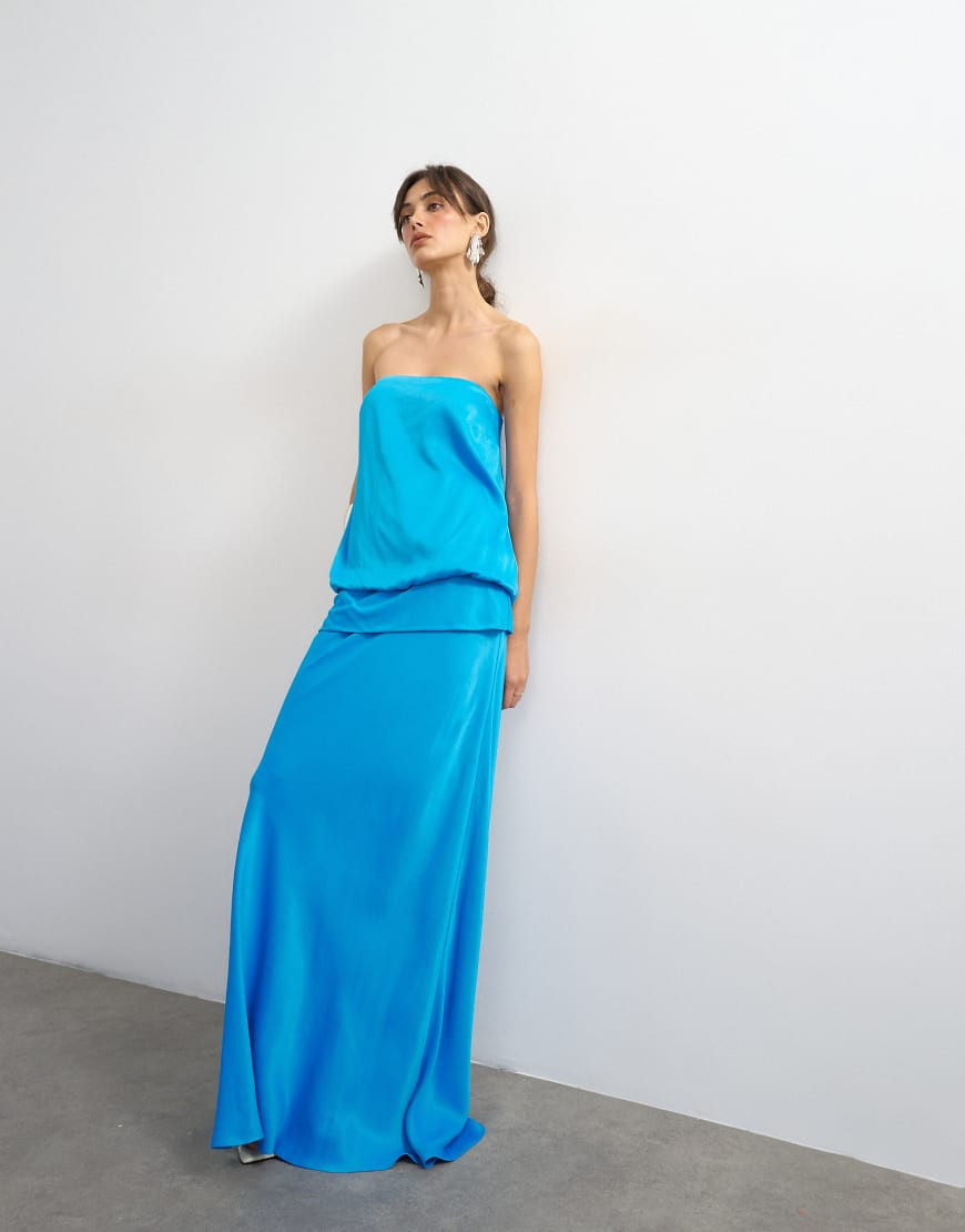 Topshop satin dropped waist blouson bandeau in cornflower blue | Topshop