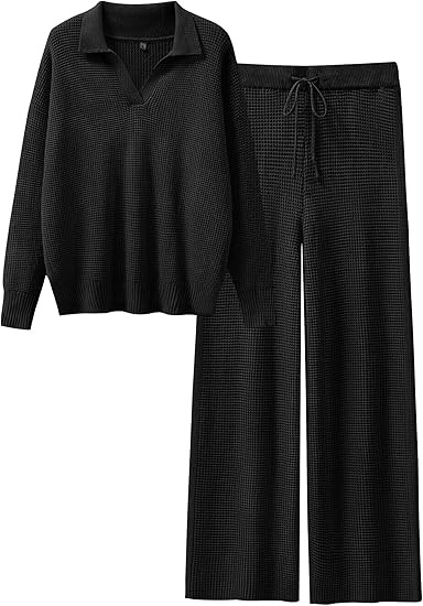 ANRABESS Womens Two Piece Outfits Sweater Sets Waffle Knit Pullover Wide Leg Pants Tracksuit Swea... | Amazon (US)