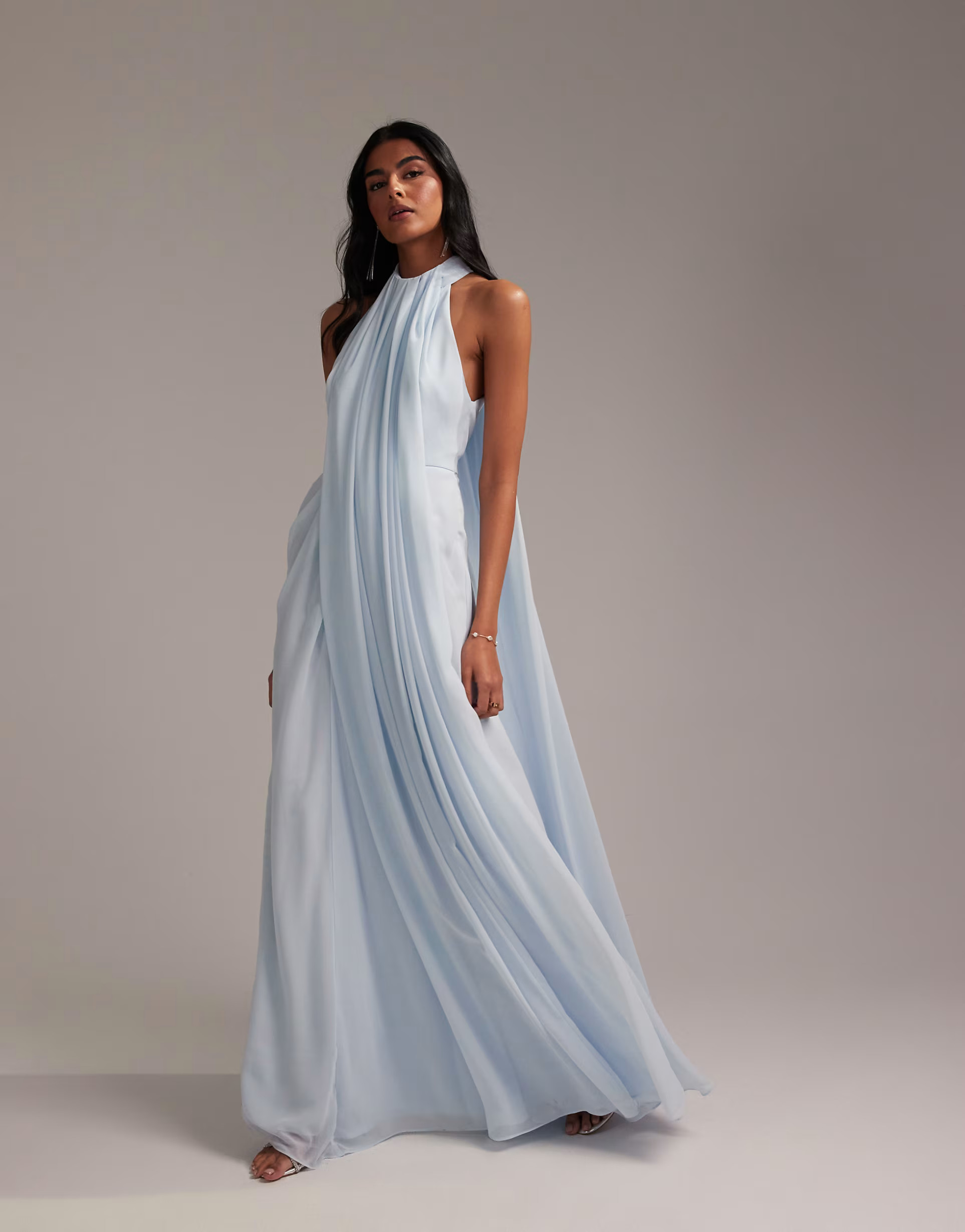 ASOS DESIGN Bridesmaids grecian draped halter maxi dress in light blue | ASOS (Global)