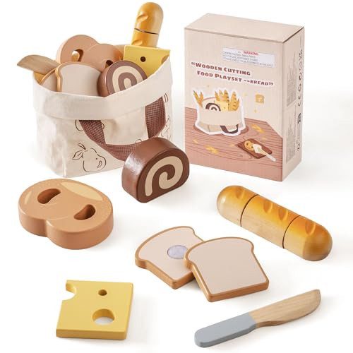 ROBOTIME Wooden Play Food Cutting Bread Set, Pretend Play Toy Food for Play Kitchen with Shopping Bag – Kids Kitchen Accessories, Wooden Bread Toys for Boys & Girls | Amazon (US)