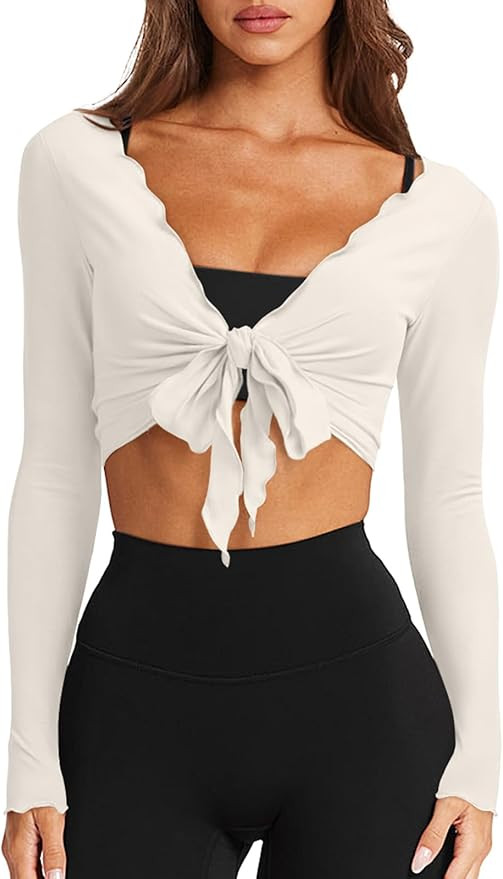 LASLULU Womens Tie Front Wrap Tops Long Sleeve Bolero Shrugs Crop Cardigan Yoga Ballet Cover up T... | Amazon (US)