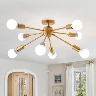 LWYTJO 24.6 in. 8-Light Gold Sputnik Semi Flush Mount Chandelier for Bedroom Living Room with No ... | The Home Depot