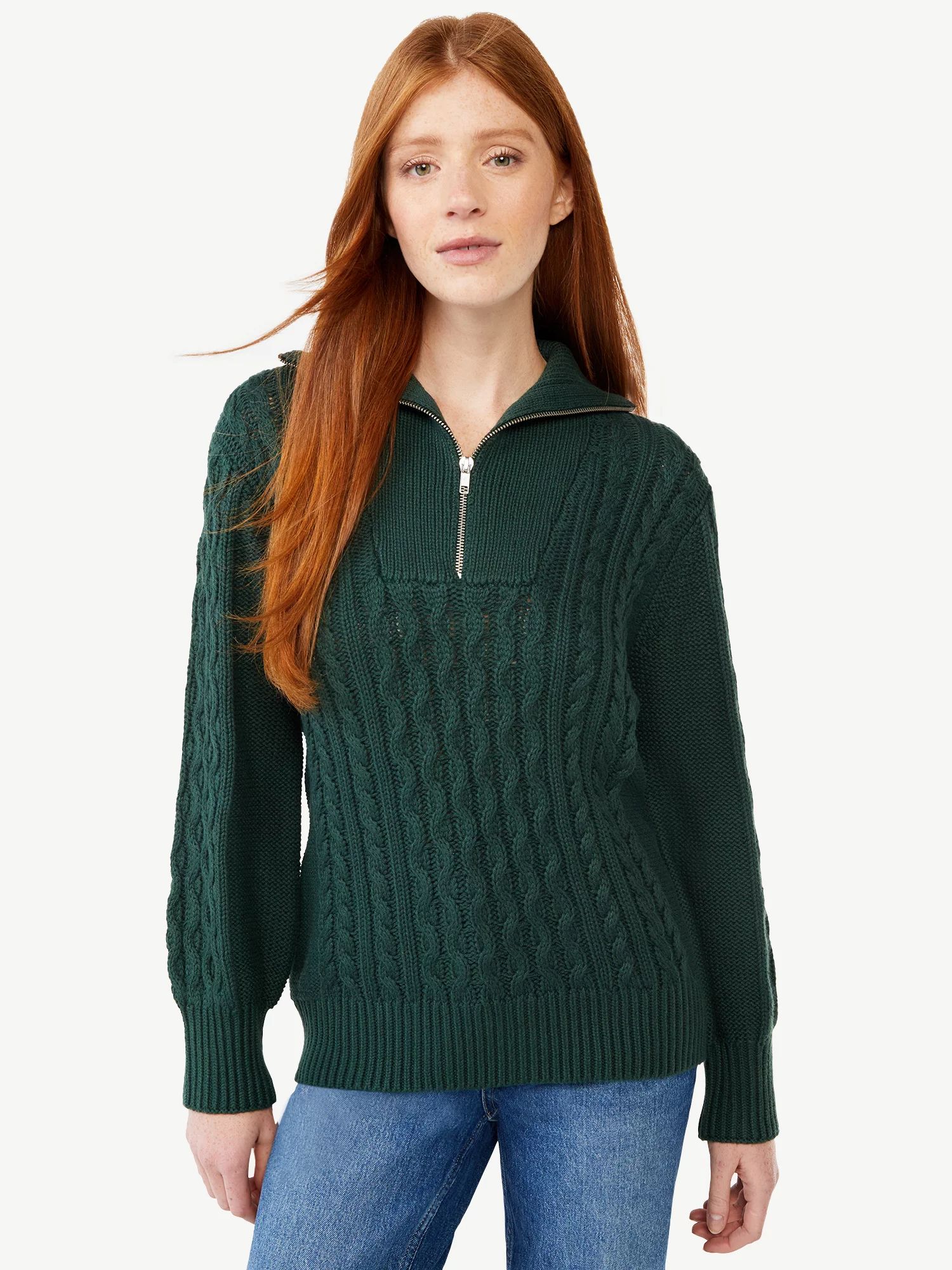 Free Assembly Women's Half Zip Cable Knit Sweater, Midweight | Walmart (US)