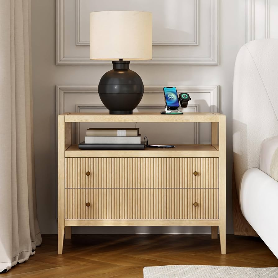 homary Smart Nightstand with 2 Drawers, 30" Wide Night Stand with Fluted Design, Built-in Power S... | Amazon (US)