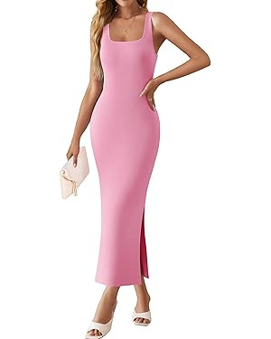 ZESICA Womens Summer Casual Square Neck Bodycon Midi Dresses 2024 Spring Sleeveless Side Slit Kni... | Amazon (US)