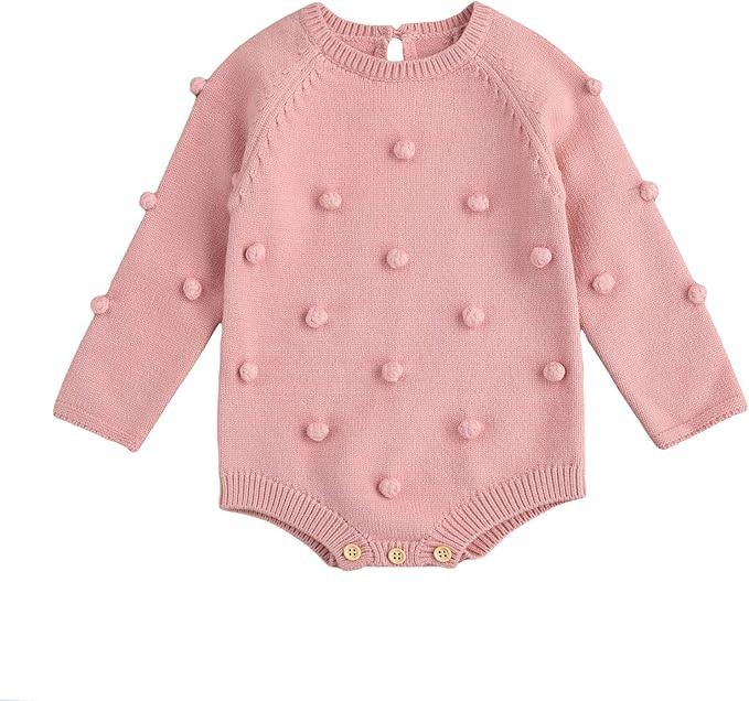 Toddler Baby Girls Knitted Short Romper with Ball Decorations Onesies Solid Color Long Sleeve O-N... | Amazon (US)