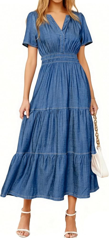 Simplee Womens Summer Denim Dress Casual Short Sleeve V Neck Empire Waist Boho Flowy Western Jean... | Amazon (US)