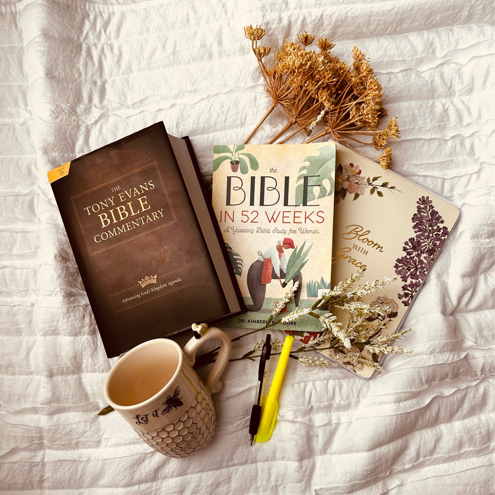 #MorningRoutine! Way less aesthetic most days for sure 😅 but it’s how I enjoy getting the day going! 

Start with the word & Bible study book paired with a commentary Bible to help me understand what’s really going on. Then I write all my chaotic thoughts into a journal. This one says, “bloom with grace”, a constant reminder. 🩵

P.s. the coffee mug is a paid actor. 😂

#LTKhome