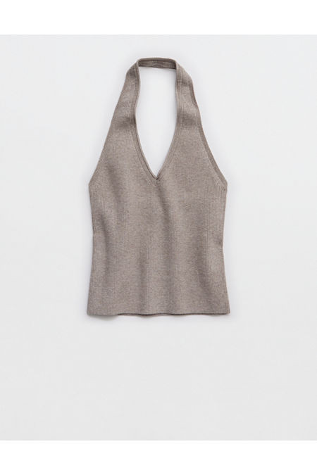 Aerie Sweater Halter Tank Top Women's Heathered Taupe XXS | Aerie