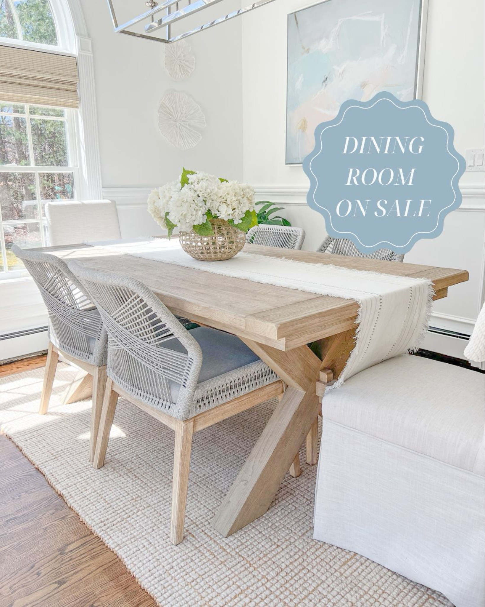 My dining room table (in the seadrift finish), gray rope chairs, woven vase, and woven shades (Tibet ivory color) are all on sale for Cyber Monday!
------------- 
coastal Dining room, dining room decor, neutral dining room, neutral home decor, neutral decor, beach decor, beach style, dining room furniture, dining room ideas. faux flowers, amazon hydrangeas, woven vase, large vase, serena & lily vase, coral wall decor, dining room table chairs, pottery barn dining table, Toscana dining room table, dining room chairs, dining room rugs, pottery barn rugs, coastal rugs, coastal artwork, abstract artwork, large artwork, blue artwork, woven shades, 8x10 rugs, 5x8 rugs, 9x12 rugs, dining room tables on sale, dining room ideas, dining room decor, white dining room, jute rugs, wool rugs, neutral rugs, dining chairs on sale, coastal dining room chairs, dining set

#LTKCyberWeek #LTKSaleAlert #LTKHome