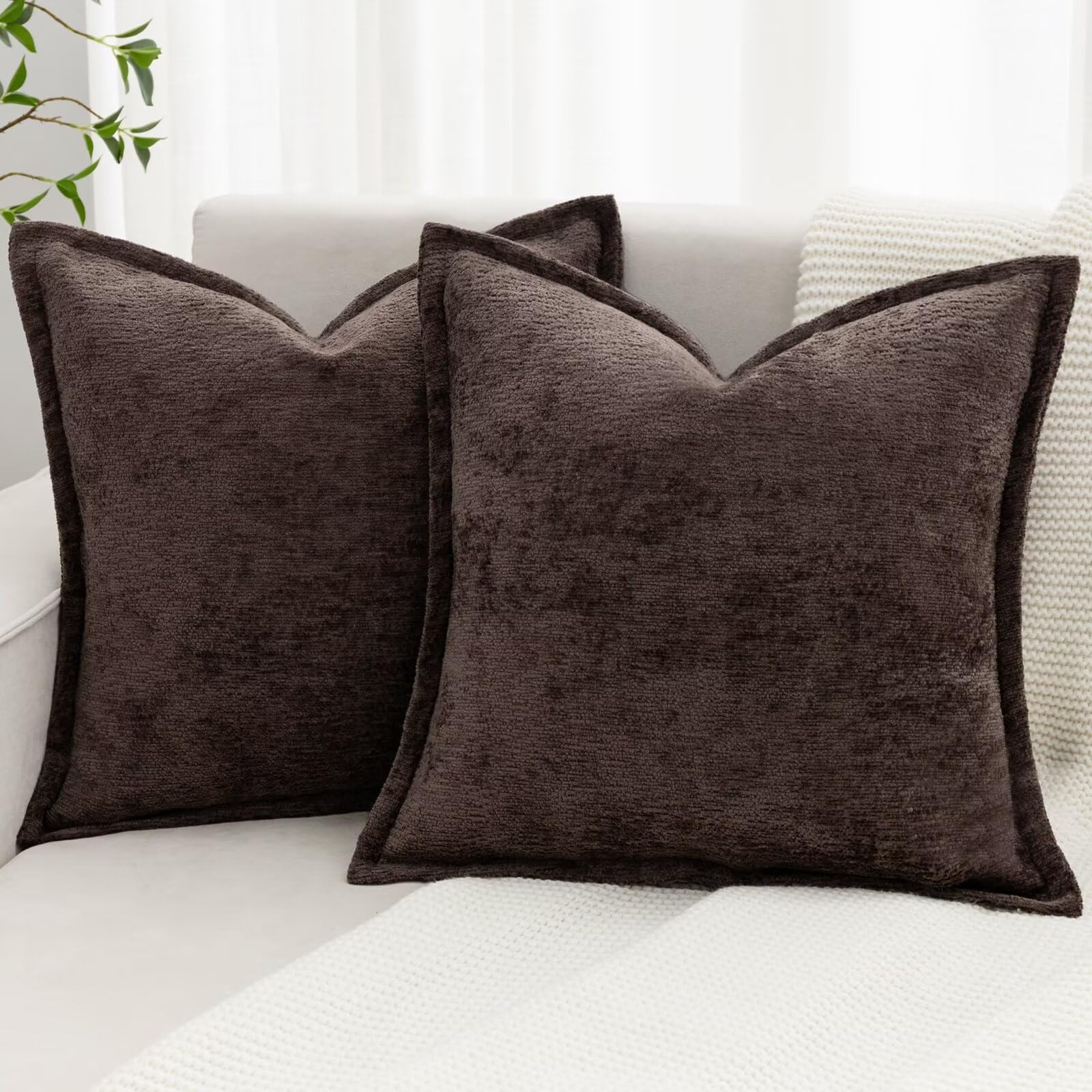 Brown Decorative Throw Pillow Covers 24x24 Inch Set of 2 Cozy Soild Chenille Cushion Cases Soft T... | Amazon (US)