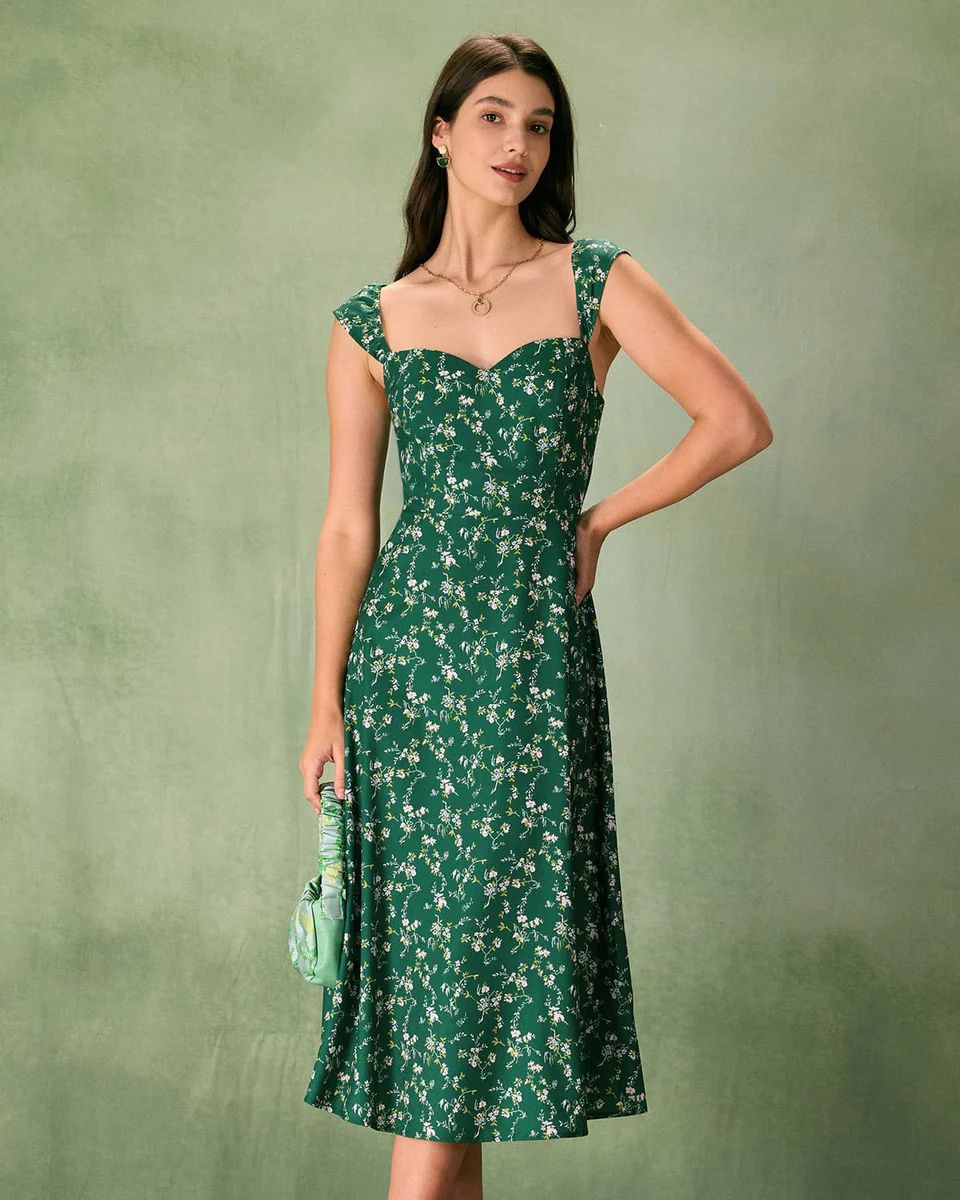 The Green Sweetheart Neck Floral Midi Dress & Reviews - Green - Dresses | RIHOAS | rihoas.com