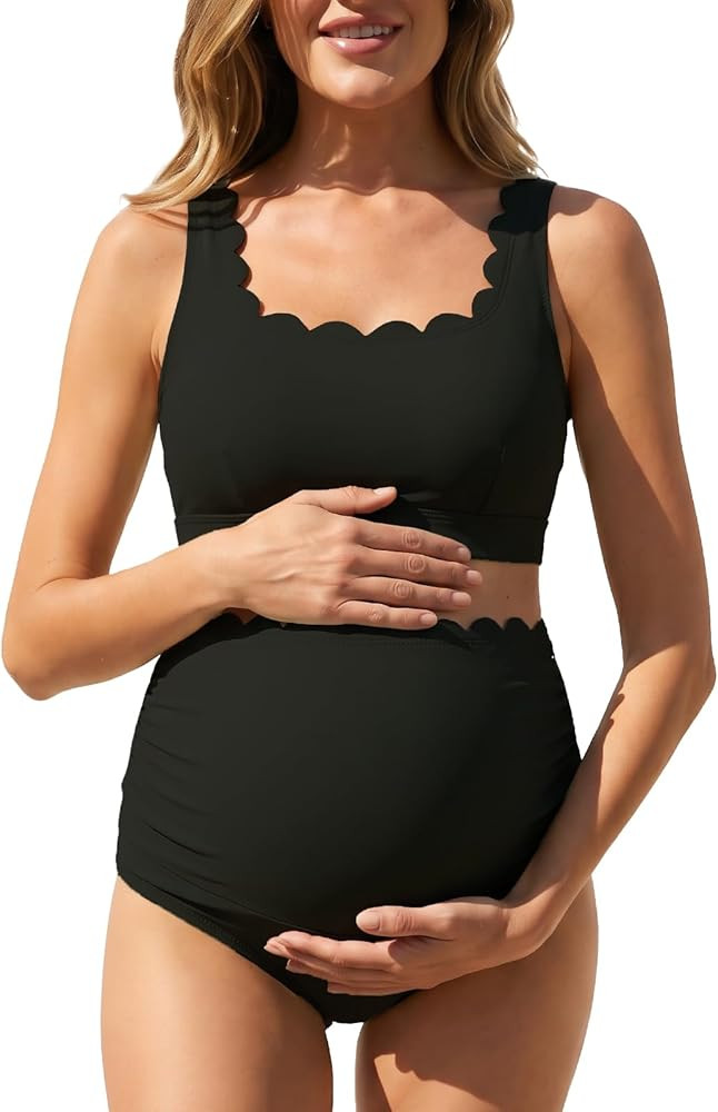 Scalloped Maternity Bikini Swimsuit Two Piece High Waisted Bathing Suit Bow Tie Back Pregnancy Sw... | Amazon (US)