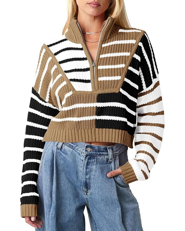 Saodimallsu Womens Striped Cropped Sweater Color Block Zip Up Long Sleeve Mock Neck Loose Pullove... | Amazon (US)
