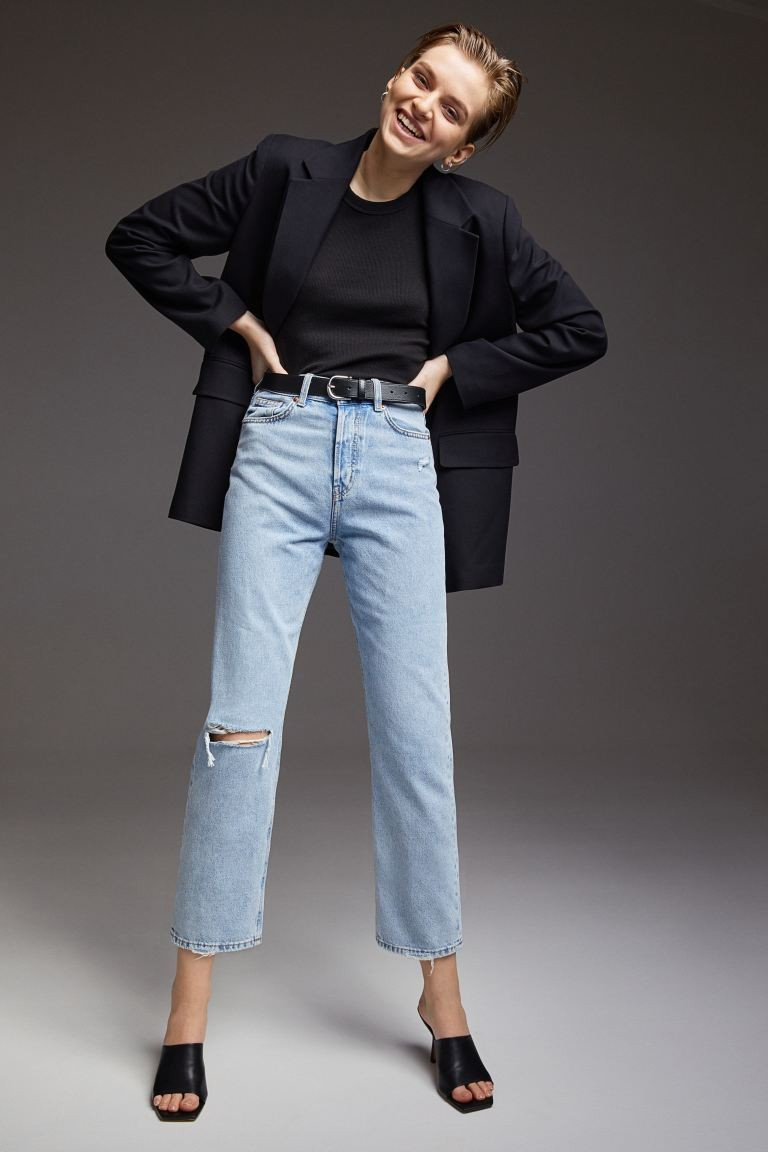 5-pocket, ankle-length jeans in washed denim with distressed details. High waist, button fly, and... | H&M (US + CA)