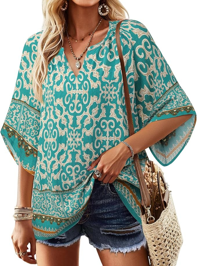 Bebonnie Womens 3/4 Sleeve V Neck Bohemian Peasant Blouses Casual Loose Fit Tunic Tops | Amazon (US)