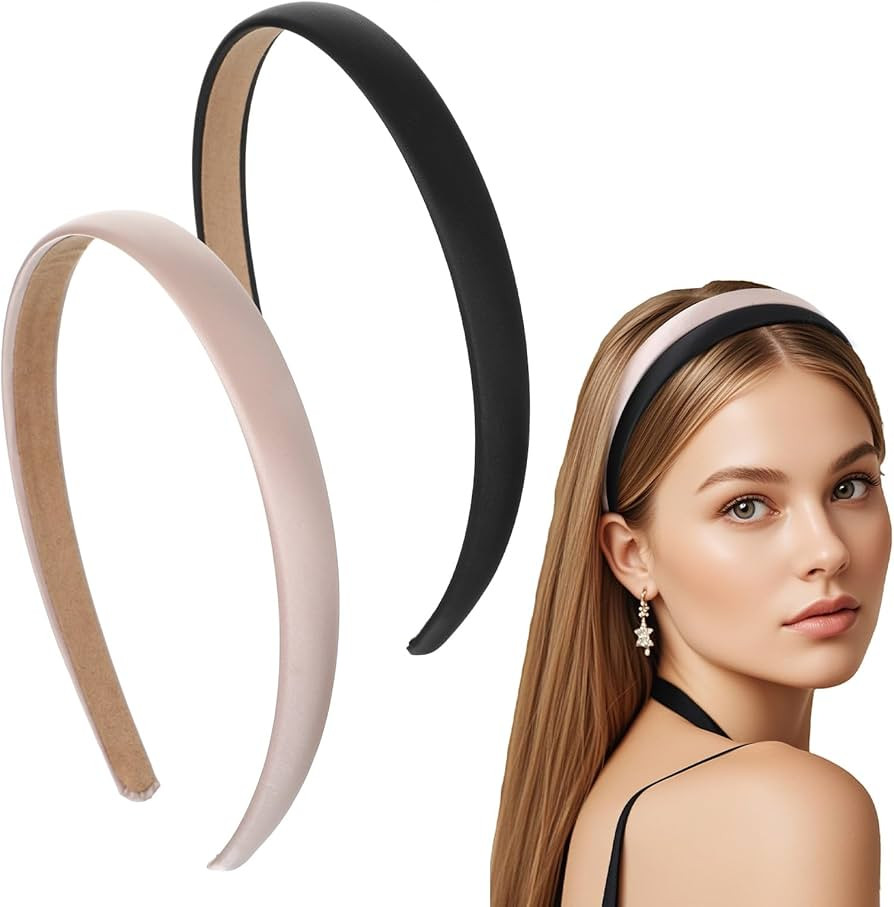 2PCS Satin Solid Head Band Shimmeroo Narrow Simple Satin Headbands Anti Slip Hair Accessories for... | Amazon (UK)