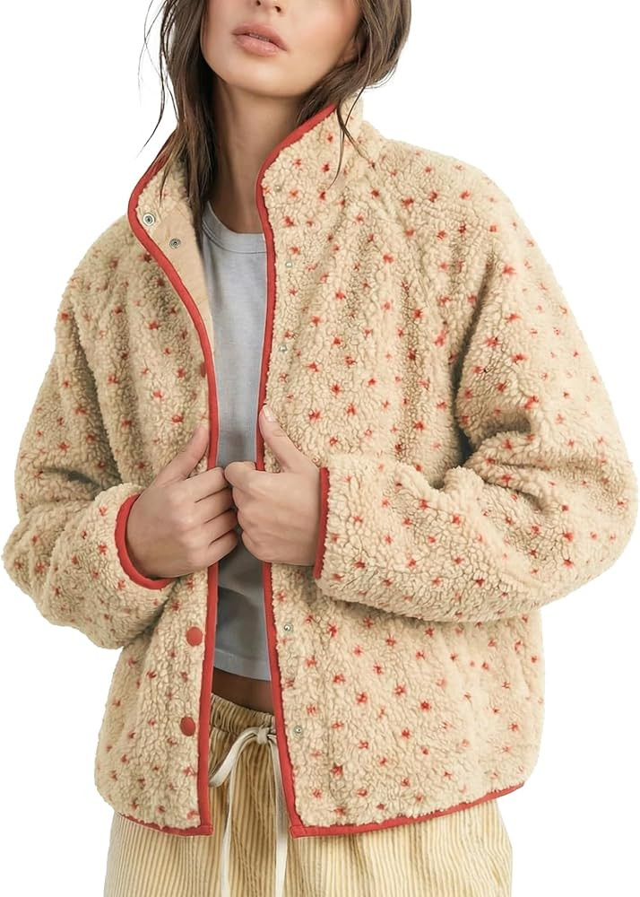 Slouchy Fleece Jacket Women Long Sleeve Button Down High Neck Polka Dot Puffer Jackets Sherpa Ove... | Amazon (US)