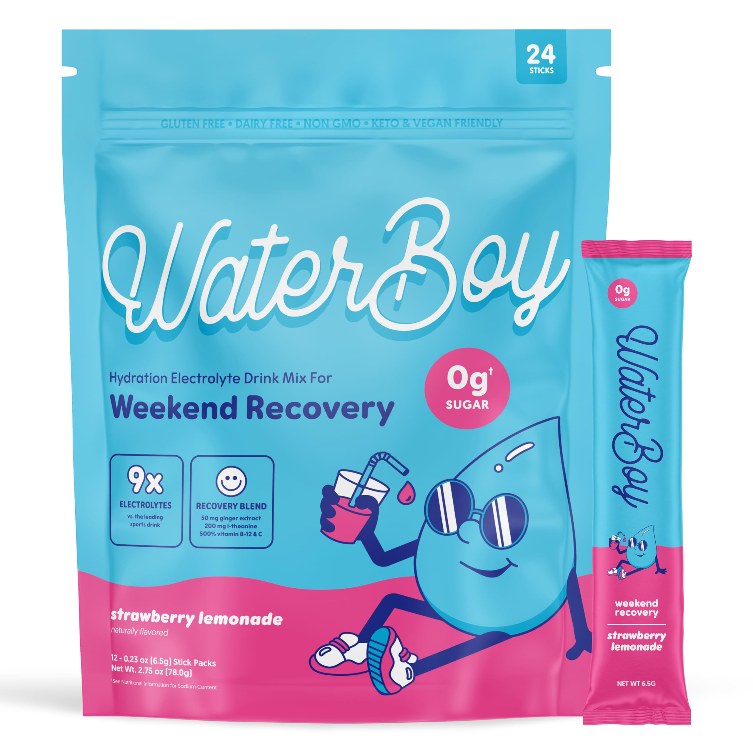 Waterboy Weekend Recovery | 3,200mg Electrolyte Powder Packets | Ginger + L-Theanine + Vitamins |... | Amazon (US)