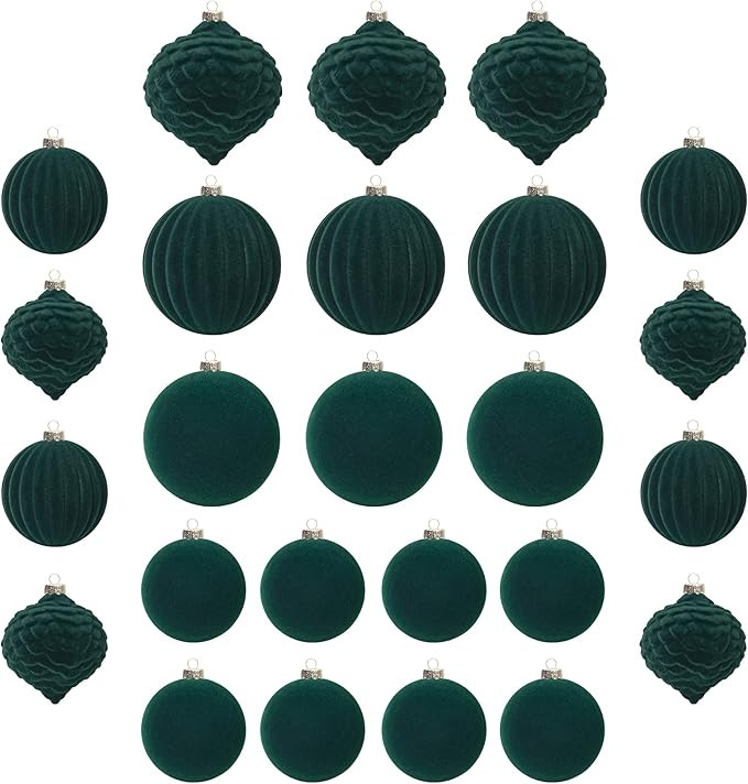 KI Store Velvet Christmas Balls Green 25pcs Flocked Christmas Tree Ornaments Assortment for Xmas ... | Amazon (US)