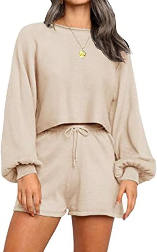 Ekouaer Knit Pajamas Set for Women Lounge Sets Long Puff Sleeve Top and Shorts 2 Piece Outfits Sw... | Amazon (US)