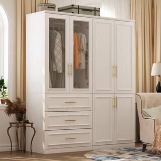 FUFU&GAGA 2-Combination White Wood 63.3 in. W 6-Door Big Armoires with 2 Hanging Rods, 3-Drawers,... | The Home Depot