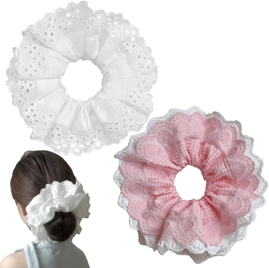 2 PCS White Large Lace Scrunchies for Women Oversized Scrunchy Hair Ties Satin Hair Scrunchies Po... | Amazon (US)