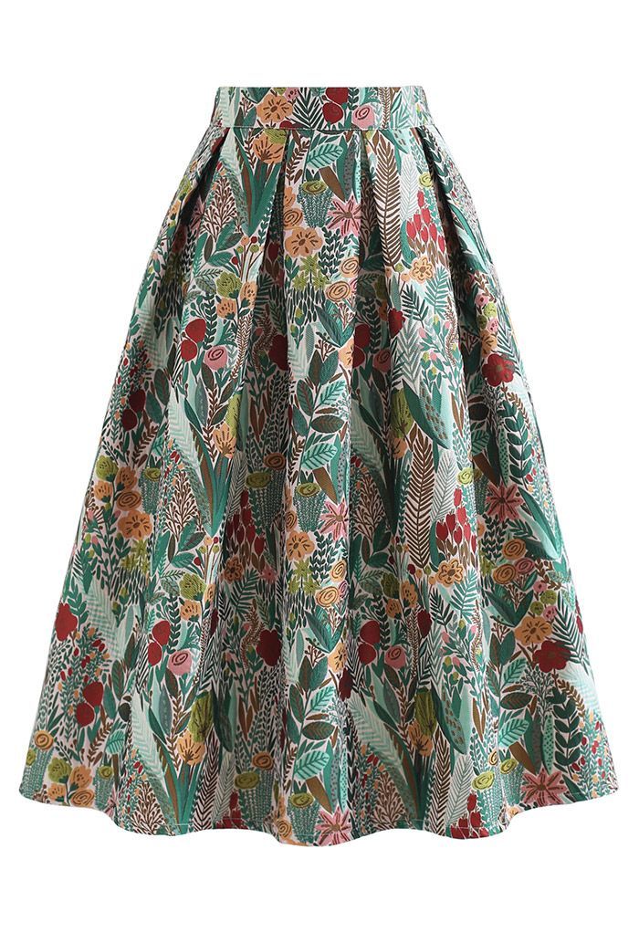 Spring Scenery Jacquard Pleated Midi Skirt | Chicwish