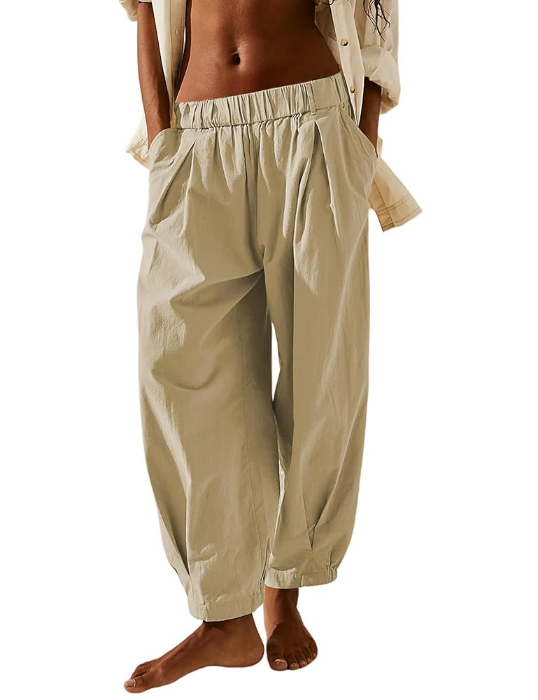 SCUSTY Womens Baggy Wide Leg Pants Cotton Linen Casual Elastic Waisted Palazzo Harem Beach Trouse... | Amazon (US)