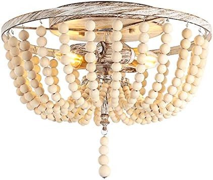 Wood Beaded Ceiling Light, Boho Farmhouse Light Fixture,Oak White Chandelier, 2 Lights,Semi Flush... | Amazon (US)