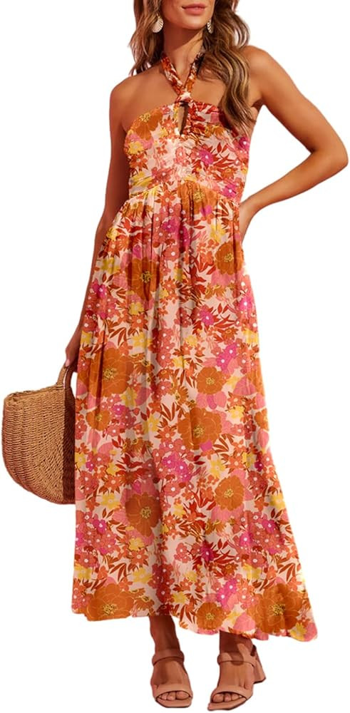 Dokotoo Women's Summer Dresses Halter Neck Sleeveless Backless Flowy A Line Boho Maxi Dress | Amazon (US)