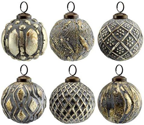 AuldHome Farmhouse Ball Ornaments (Set of 6, Silver Gray); Distressed Metal Glass Ball Vintage Style | Amazon (US)