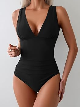 Eomenie Women's One Piece Swimsuit Slimming Tummy Control Bathing Suit Wide Straps Plunge V Neck ... | Amazon (US)