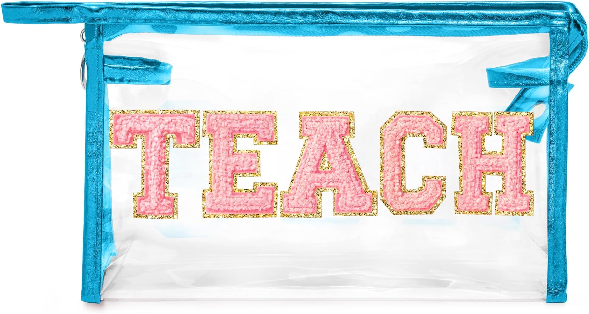 CY2SIDE TEACH Clear Makeup Bag - Pink TEACH Letter Patch Cosmetic Bag with Handle for Travel PVC ... | Amazon (US)