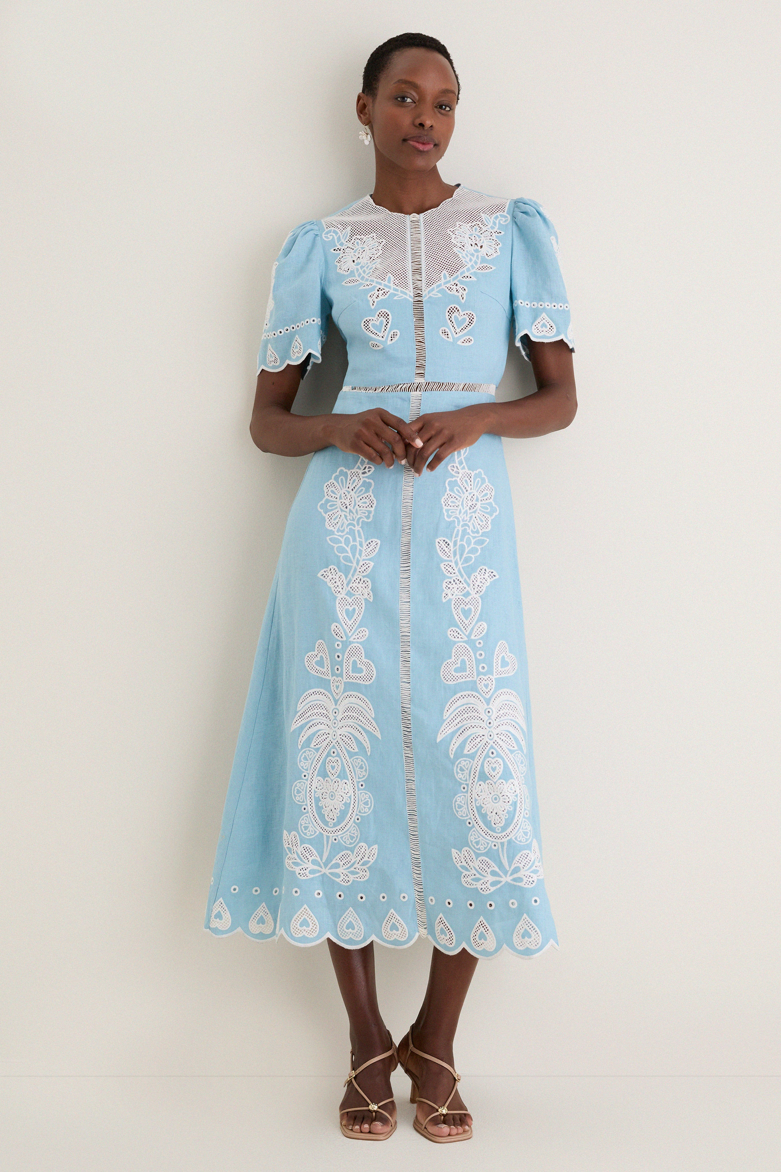 Light Blue Embroidery Short Sleeve Midi Dress | Tuckernuck (US)