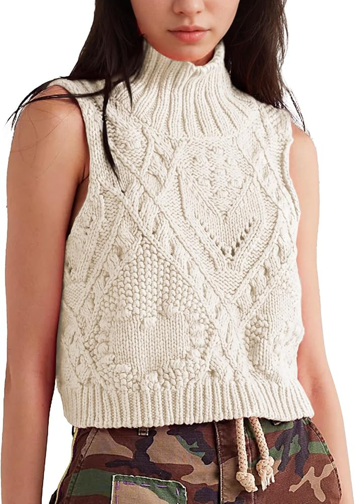 Hixiaohe Crochet Sleeveless Turtleneck Tops for Women Knit Sweater Vest | Amazon (US)