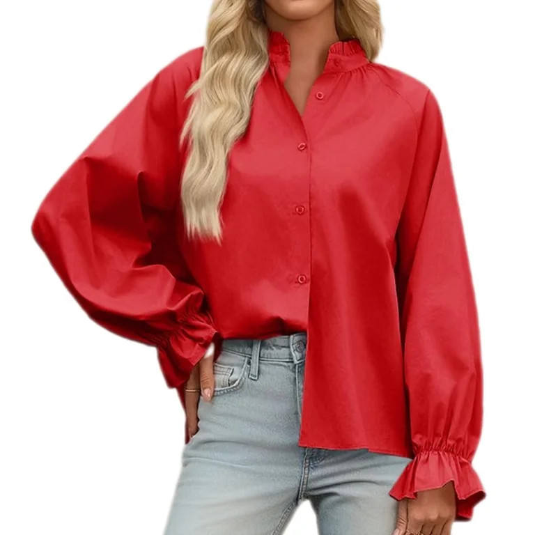 Long Sleeved Solid Women Puff V Neck Loose Blouse Pleated Ruffle Tops | Walmart (US)