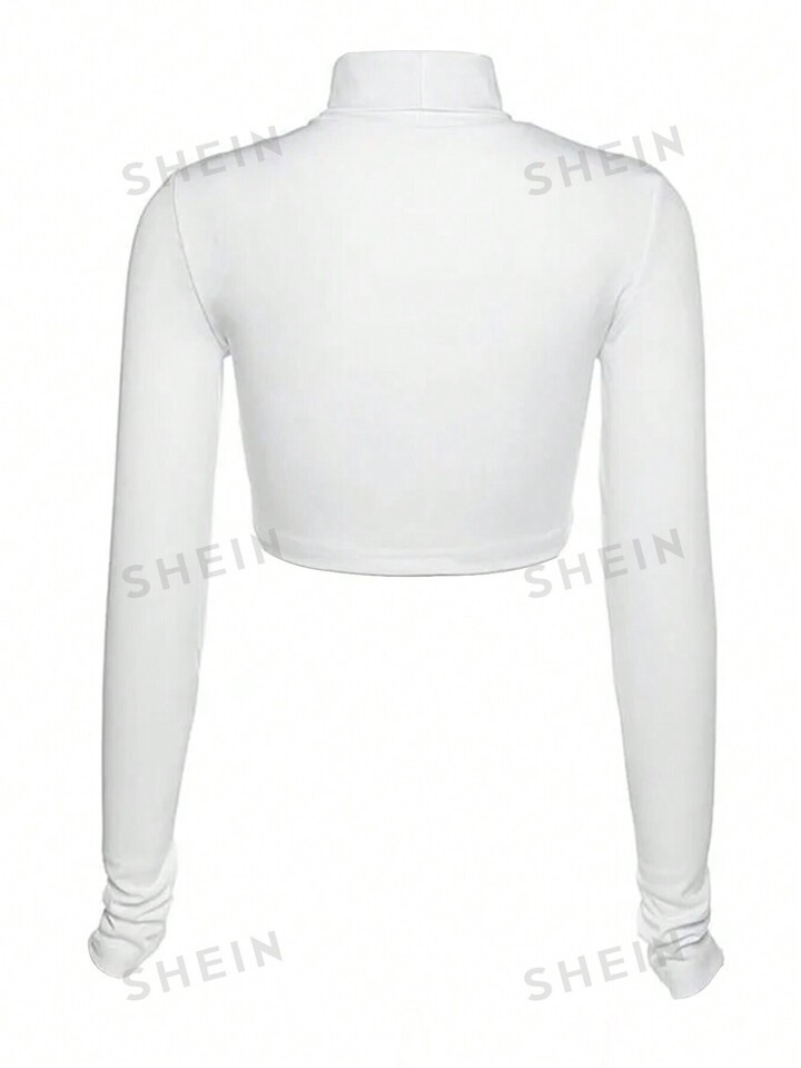 SHEIN ICON Women's Solid Color Long Sleeve Crop Top With Stand Collar | SHEIN