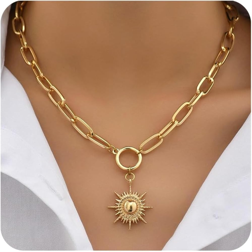 Gold Necklace for Women 18K Gold Plated Sun Paperclip Link Chain Necklaces Sunflower pendant neck... | Amazon (US)
