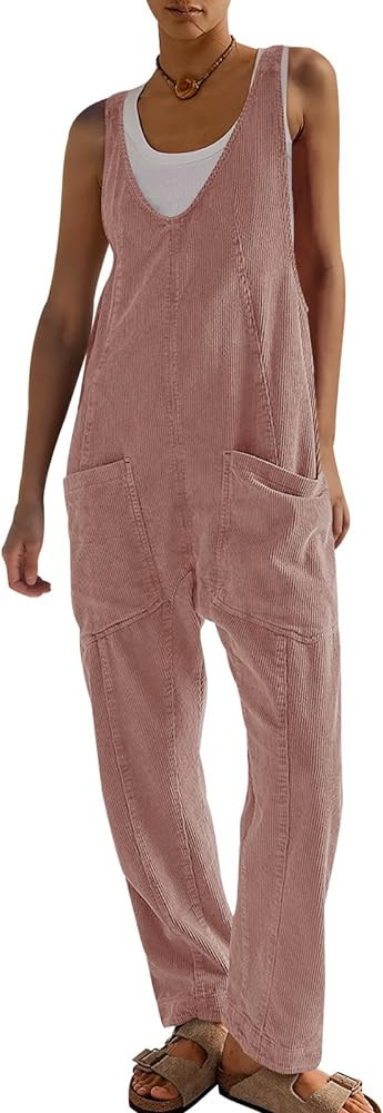 Ugerlov One Piece Jumpsuits for Women Corduroy Jumpsuit V Neck Loose Overalls Adjustable Strap Sl... | Amazon (US)