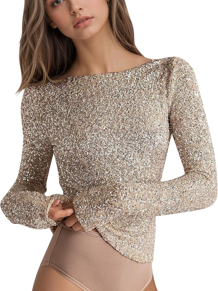MISSACTIVER Women Sequin Backless Shirts Trendy Sparkly Glitter Long Sleeve Boat Neck T Shirt Sli... | Amazon (US)