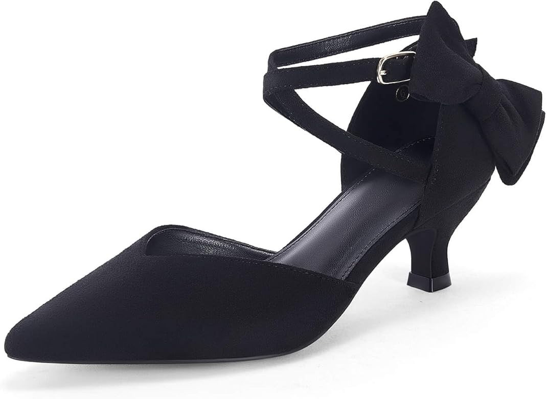 Coutgo Womens Low Kitten Heel Bow Heels Dress Shoes Closed Pointed Toe Ankle Strap Elegant Weddin... | Amazon (US)