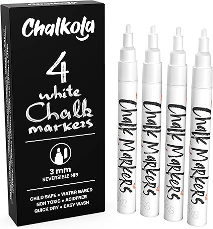 White Chalk Markers Fine Tip (4 Pack 3mm) - Wet & Dry Erase Chalk Pens for Blackboard, Chalkboard... | Amazon (US)