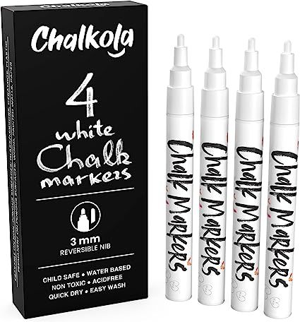 White Chalk Markers Fine Tip (4 Pack 3mm) - Wet & Dry Erase Chalk Pens for Blackboard, Chalkboard... | Amazon (US)