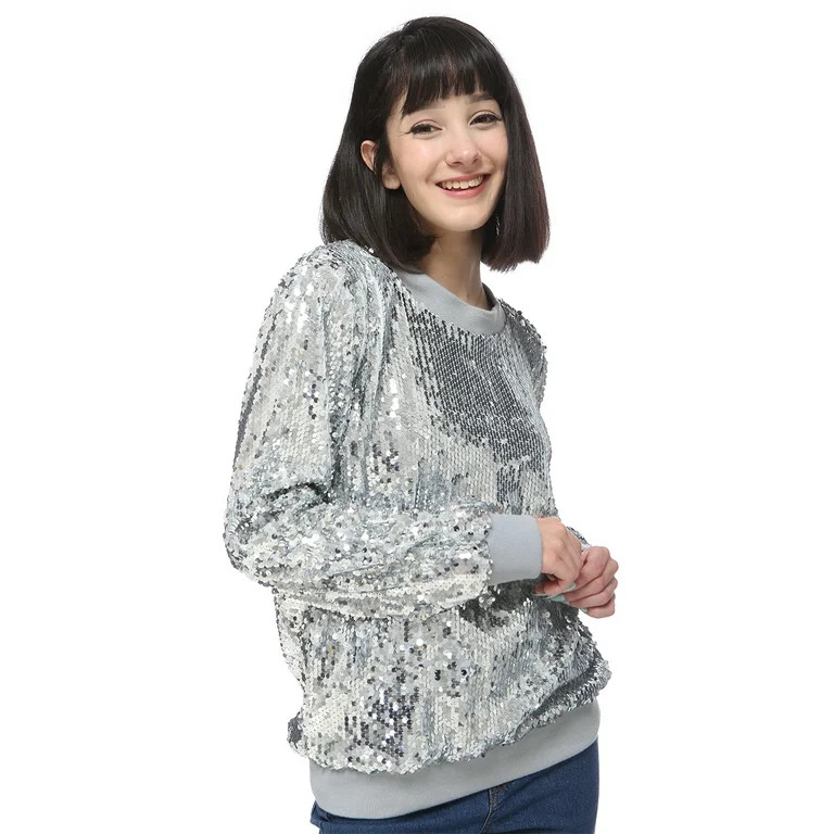 Women's Long Sleeve Sequin Party Blouse Pullover Top, Silver, Medium | Walmart (US)